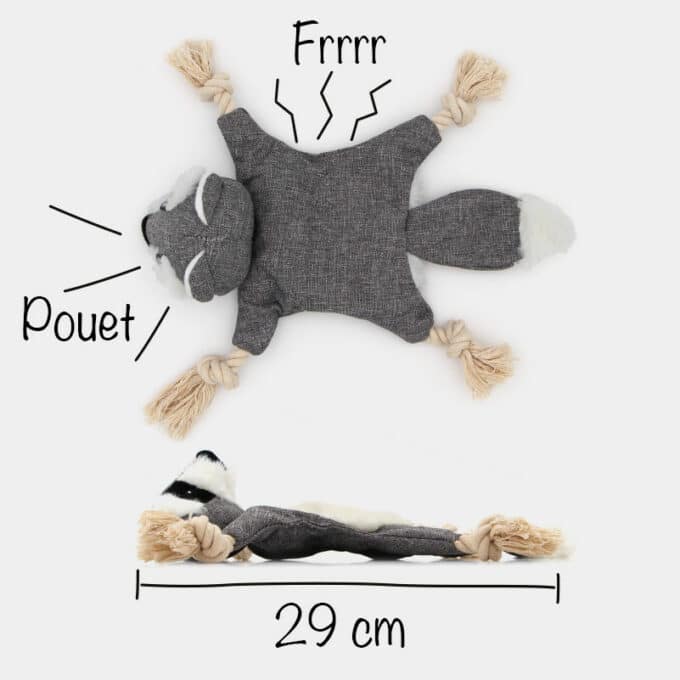 jouet-chien-chiot-peluche-bruit-sonore-corde-4 Jouet peluche raton laveur sonore en lin et corde pour le chien et le chiot