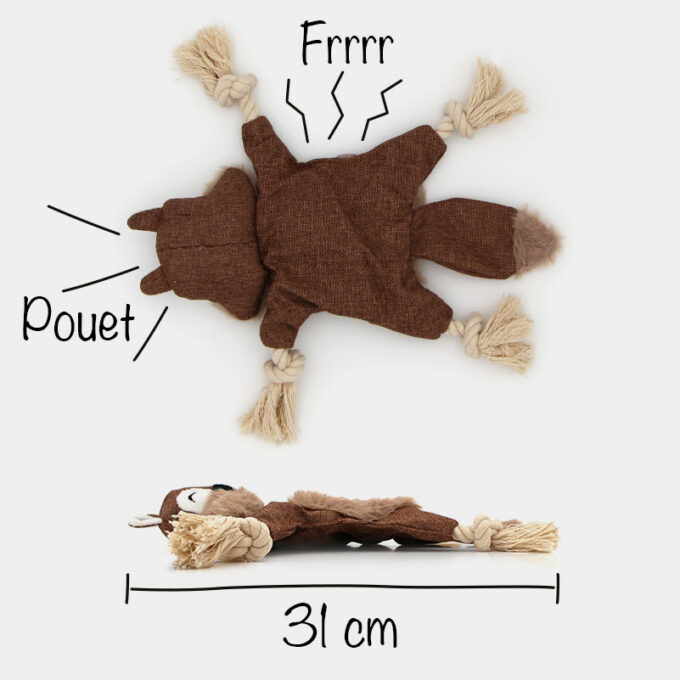 Jouet peluche écureuil sonore en lin et corde pour le chien et le chiot