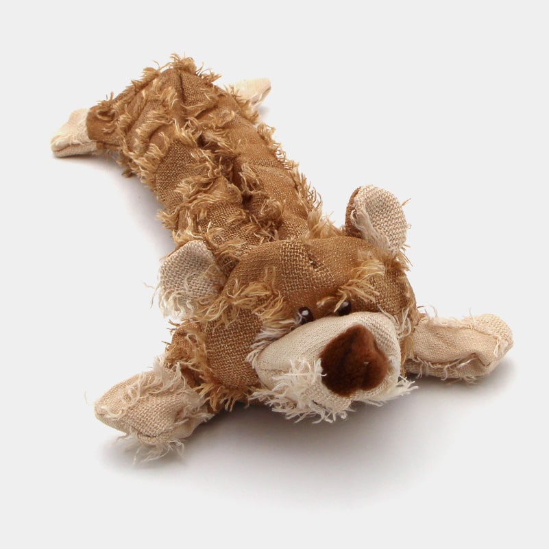 Peluche pour chien sans rembourrage - ours moutarde plat qui couine -  Catedogshop