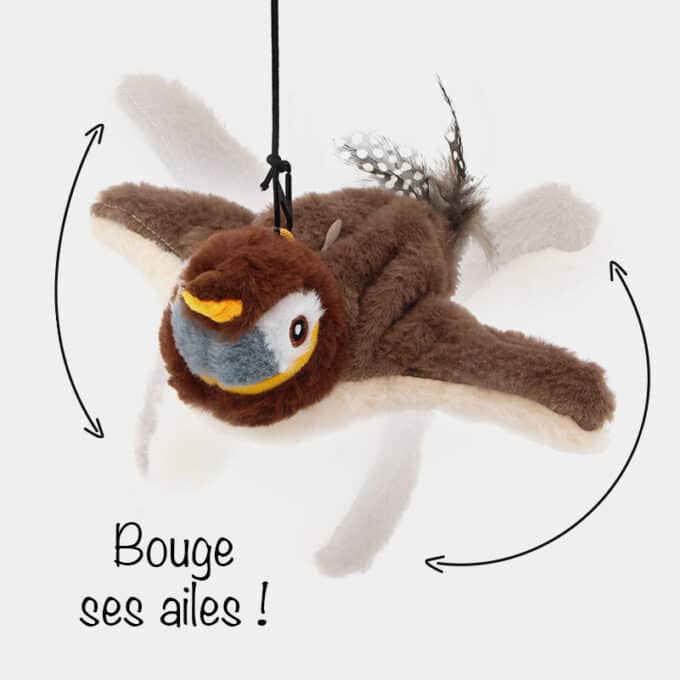 Oiseau interactif qui vole et chante au bout d'une ficelle pour chat