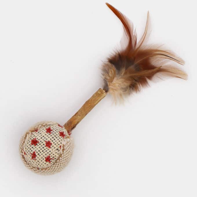 Balle en tissu toile de jute, plumes et bâton de matatabi pour chat