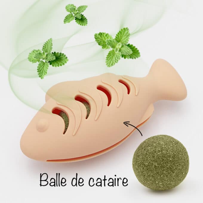 jouet-poisson-caoutchouc-distributrice-croquettes-cataire-chat Poisson en caoutchouc distributeur de croquettes ou diffuseur de cataire pour chat