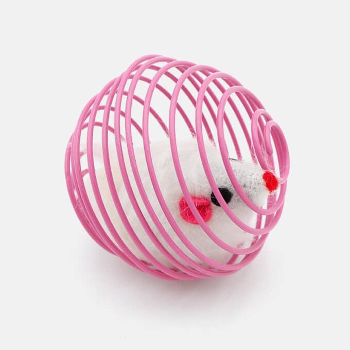 jouet-souris-blanche-balle-boule-cage-2 Jouet balle en fer à ressort avec souris blanche en cage pour le chat