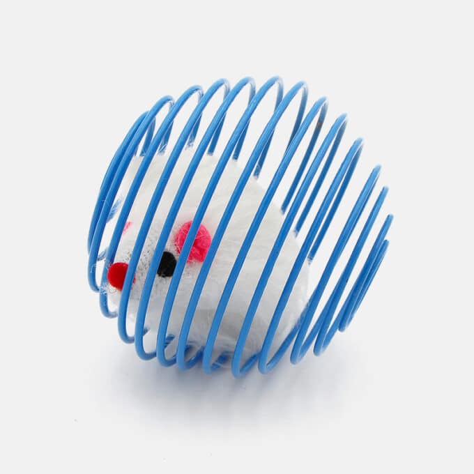 jouet-souris-blanche-balle-boule-cage-3 Jouet balle en fer à ressort avec souris blanche en cage pour le chat