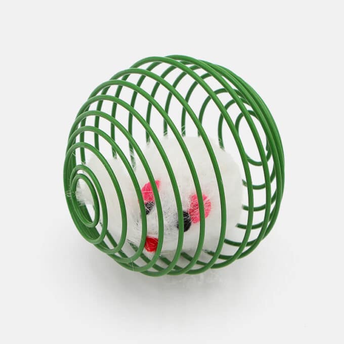 jouet-souris-blanche-balle-boule-cage-4 Jouet balle en fer à ressort avec souris blanche en cage pour le chat