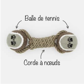2 balles de tennis avec corde à nœuds pour le chien