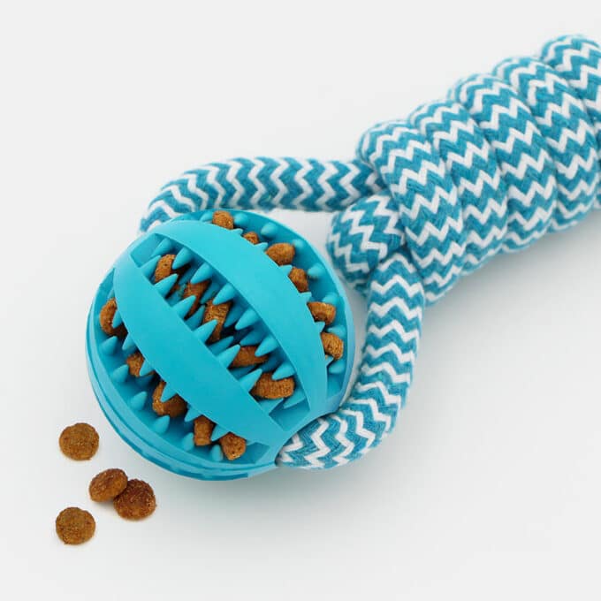Jouet distributeur de friandises avec corde à noeuds pour chien