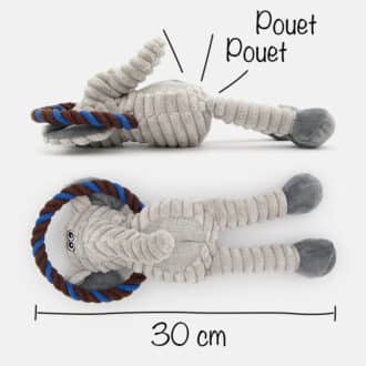 Peluche éléphant qui couine avec corde pour chien