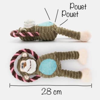 Peluche singe qui couine avec corde pour chien