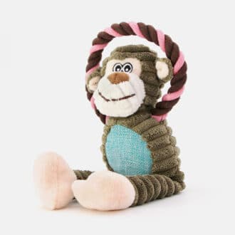 Peluche singe qui couine avec corde pour chien