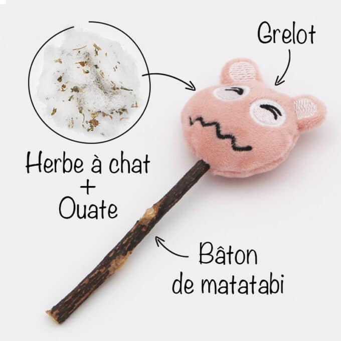 baton-stick-matatabi-cataire-peluche-grelot-herbe-chat-7 Jouet pour chat constitué d'un bâton de matatabi et d'une tête en peluche