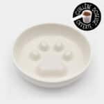 Gamelle anti-glouton en céramique blanche avec empreinte de patte de chat