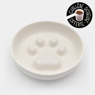 Gamelle anti-glouton en céramique blanche avec empreinte de patte de chat