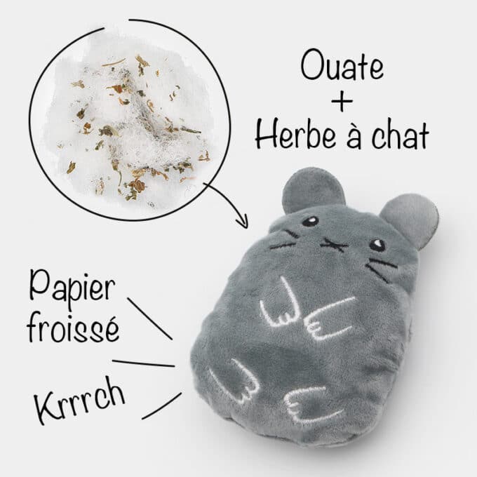 Peluche qui fait un bruit de papier froissé et avec une odeur de cataire herbe à chat