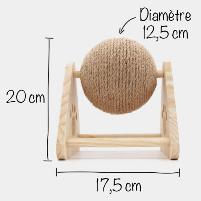 Grosse balle en sisal qui tourne sur socle en bois pour chat