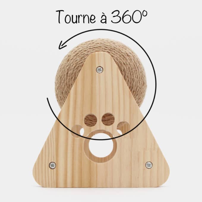 Grosse balle en sisal qui tourne sur socle en bois pour chat